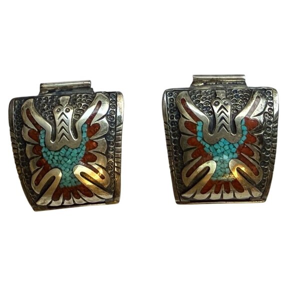 RARE Native American Thomas Singer Turquoise Coral Silver Watch Ends TIPS - Picture 1 of 11